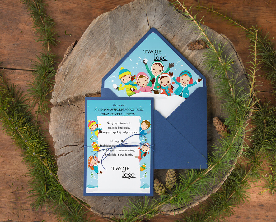Kartki świąteczne z logo firmy z magnesem lub zawieszką na choinkę firmowe kartki swiateczne z logo, kartki z drewnianą bombką2