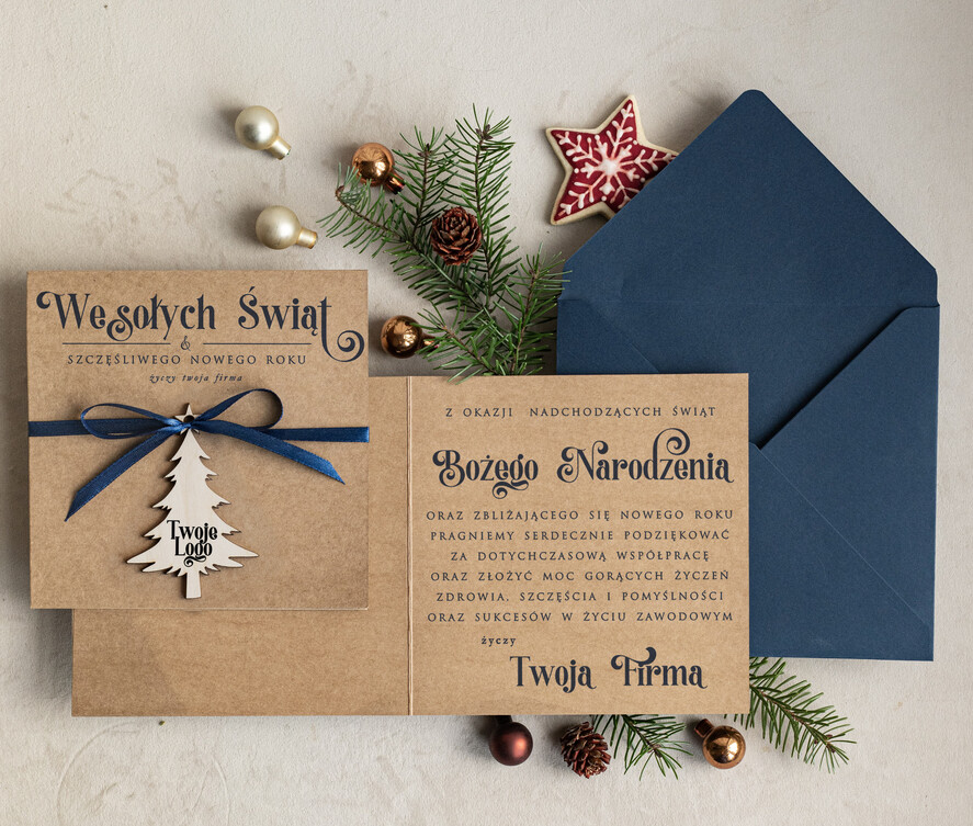 Kartki świąteczne z logo firmy z magnesem lub zawieszką na choinkę bożonarodzeniowa kartka świateczna dla Firm, kartki swiateczne z logo twojej firmy, biznesowa kartka świąteczna z zawieszką na choinkę2