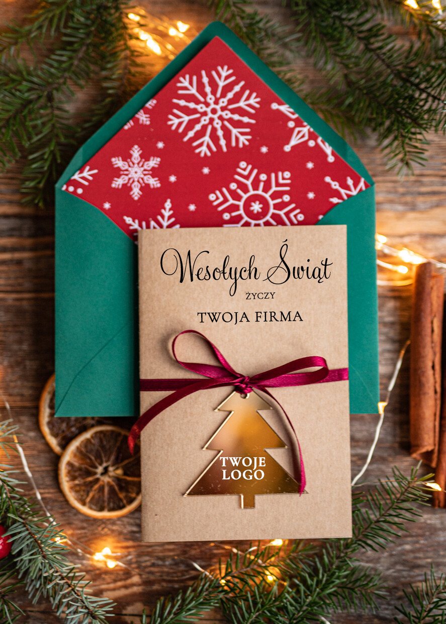 Kartki świąteczne z logo firmy z magnesem lub zawieszką na choinkę kartki swiateczne z logo twojej firmy, kartki ze złotą bombką z logo firmy2