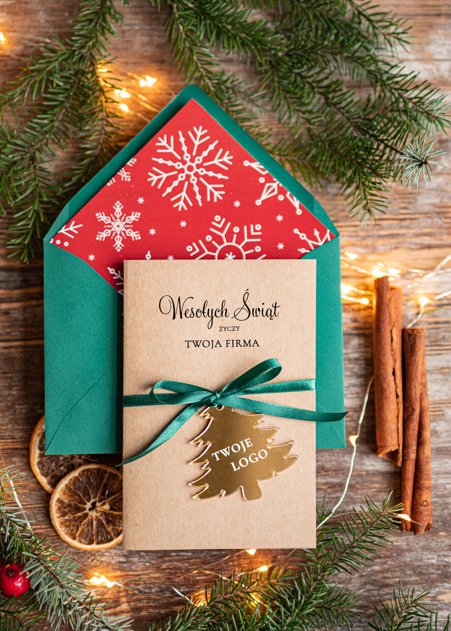 Kartki świąteczne z logo firmy z magnesem lub zawieszką na choinkę kartki świąteczne dla firm Złota bombka zawieszka na choinke z Logo firmy świateczna kartka firmowa rudolf1