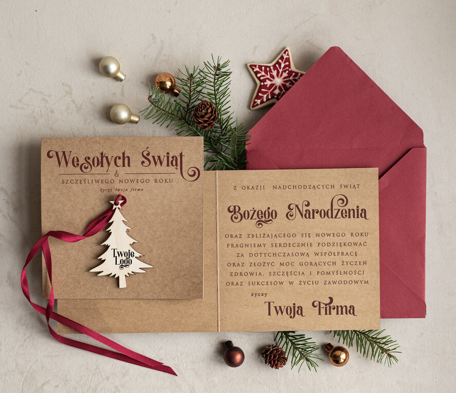 Kartki świąteczne z logo firmy z magnesem lub zawieszką na choinkę bożonarodzeniowa kartka świateczna dla Firm, kartki swiateczne z logo twojej firmy, biznesowa kartka świąteczna z zawieszką na choinkę1