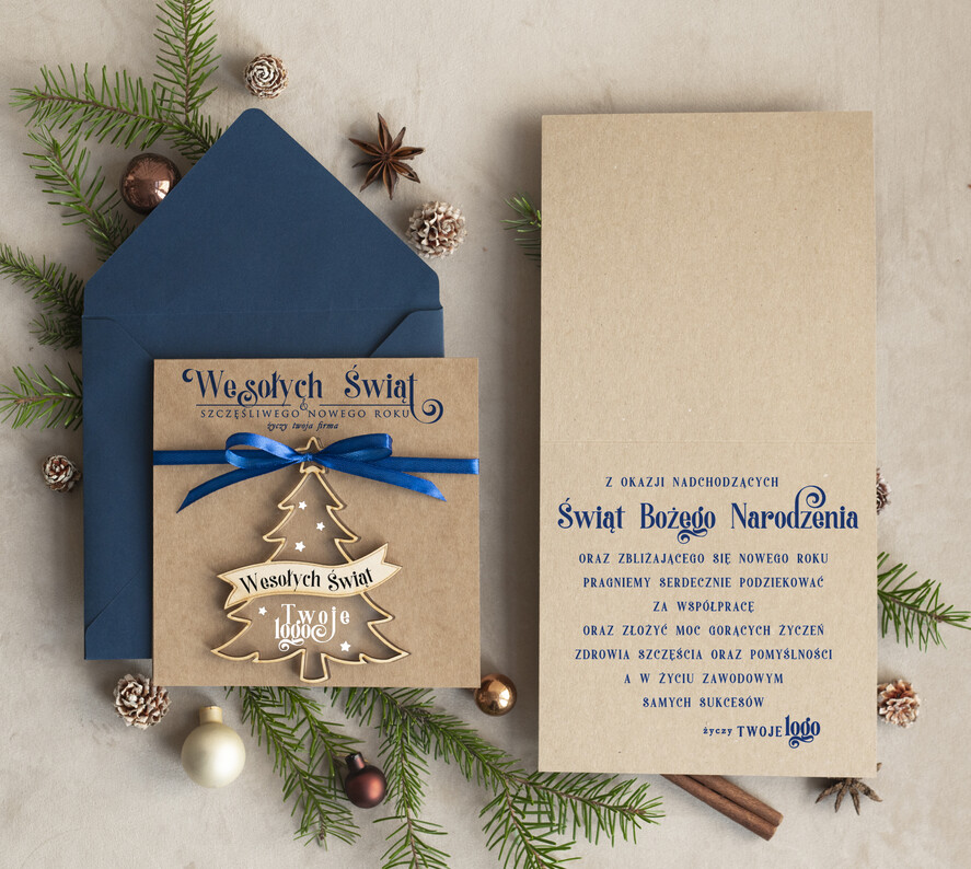 Kartki świąteczne z logo firmy z magnesem lub zawieszką na choinkę Bombka choinka zawieszka na choinkę i  kartka świateczna dla Firm, kartki swiateczne z logo, biznesowa kartka1