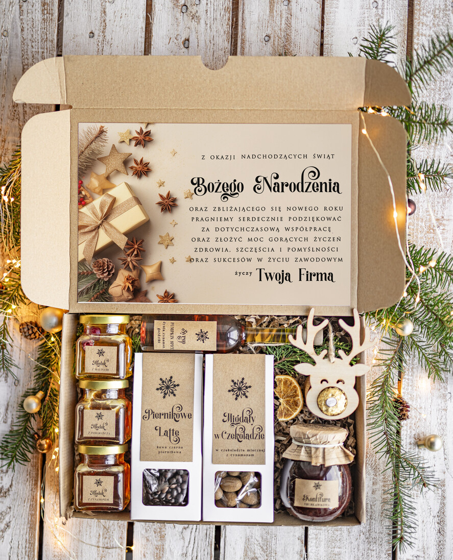 Prezenty oferta dla Firm kawa  herbata miód Prezenty na Boże Narodzenie dla klientów, bożonarodzeniowy prezent biznesowy dla firm z kawą i trzema  miodami , paczki na święta dla pracowników, upominek biznesowy box swiąteczny zestaw z logo 0