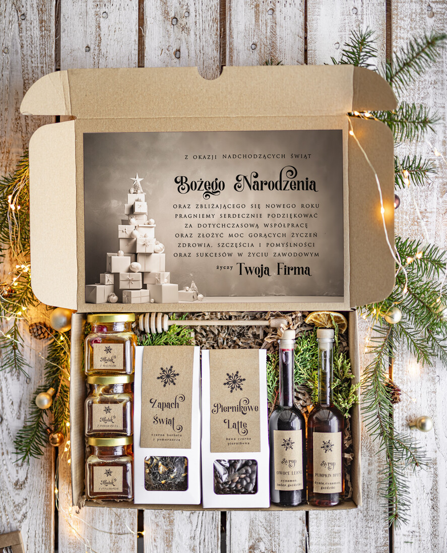 Prezenty oferta dla Firm kawa  herbata miód Prezenty na Boże Narodzenie dla klientów, bożonarodzeniowy prezent biznesowy dla firm z kawą i herbatą, paczki na święta dla pracowników, upominek biznesowy box swiąteczny zestaw z logo 0