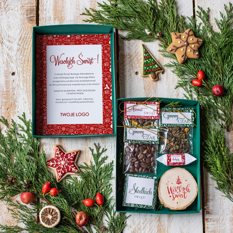 Prezenty oferta dla Firm kawa  herbata miód zestawy świąteczne dla pracowników wydruk logo pudełko z herbatą i kawą    1