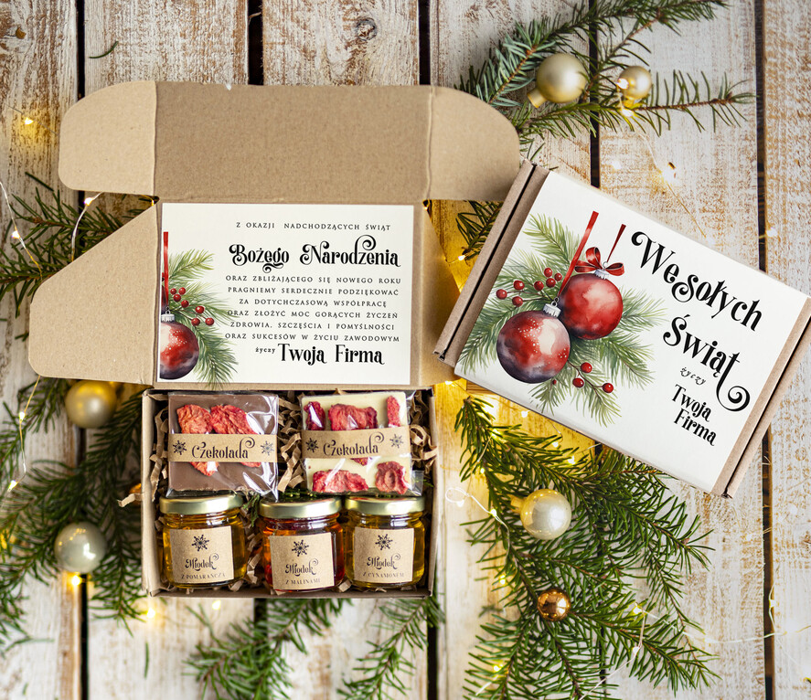 Prezenty oferta dla Firm kawa  herbata miód Drobne Prezenty na Boże Narodzenie dla klientów, bożonarodzeniowy prezent biznesowy dla firm herbata i miód, paczki na święta dla pracowników, upominek biznesowy box swiąteczny zestaw z logo 0
