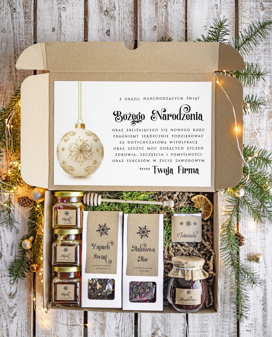 Prezenty oferta dla Firm kawa  herbata miód Prezenty na Boże Narodzenie dla klientów, bożonarodzeniowy prezent biznesowy dla firm z kawą i herbatą, paczki na święta dla pracowników, upominek biznesowy box swiąteczny zestaw z logo 0