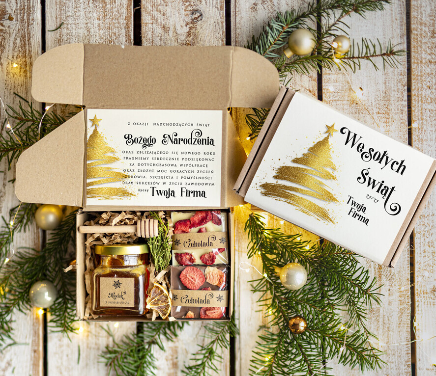 Prezenty oferta dla Firm kawa  herbata miód Drobne Prezenty na Boże Narodzenie dla klientów, bożonarodzeniowy prezent biznesowy dla firm herbata i miód, paczki na święta dla pracowników, upominek biznesowy box swiąteczny zestaw z logo 0