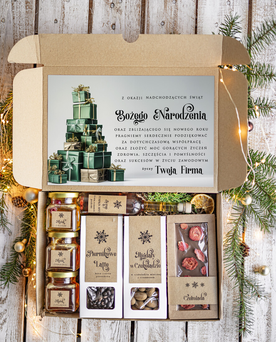 Prezenty oferta dla Firm kawa  herbata miód Prezenty na Boże Narodzenie dla klientów, bożonarodzeniowy prezent biznesowy dla firm z kawą i herbatą, paczki na święta dla pracowników, upominek biznesowy box swiąteczny zestaw z logo 0