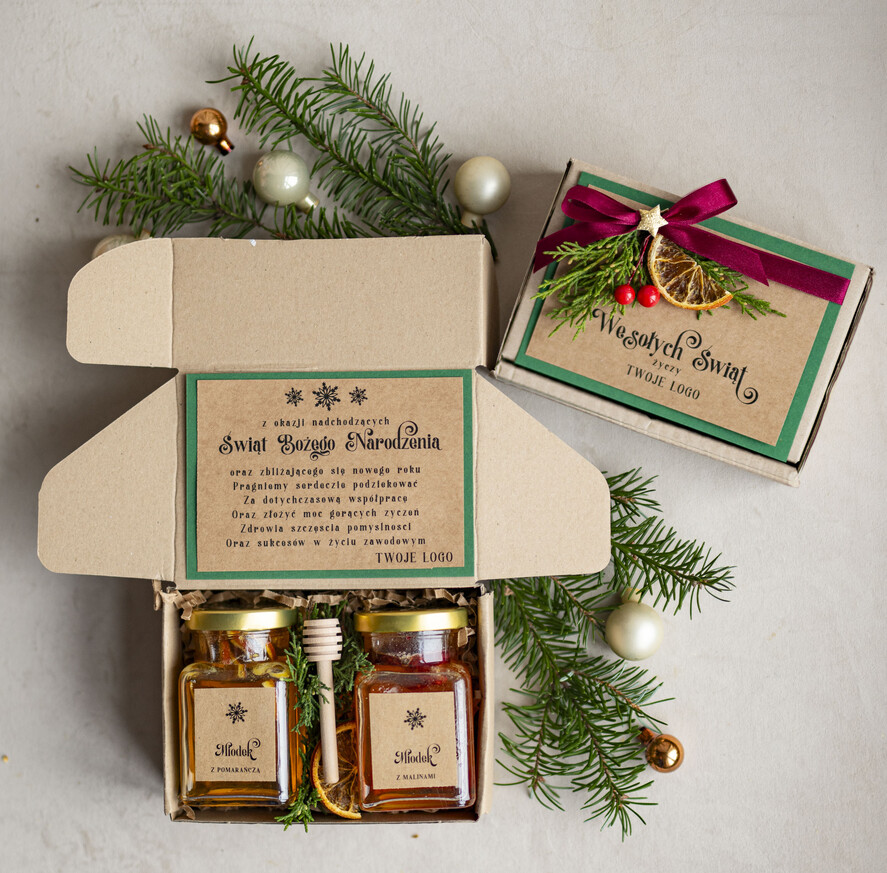 Prezenty oferta dla Firm kawa  herbata miód Drobne Prezenty na Boże Narodzenie dla klientów, bożonarodzeniowy prezent biznesowy dla firm herbata i miód, paczki na święta dla pracowników, upominek biznesowy box swiąteczny zestaw z logo 0