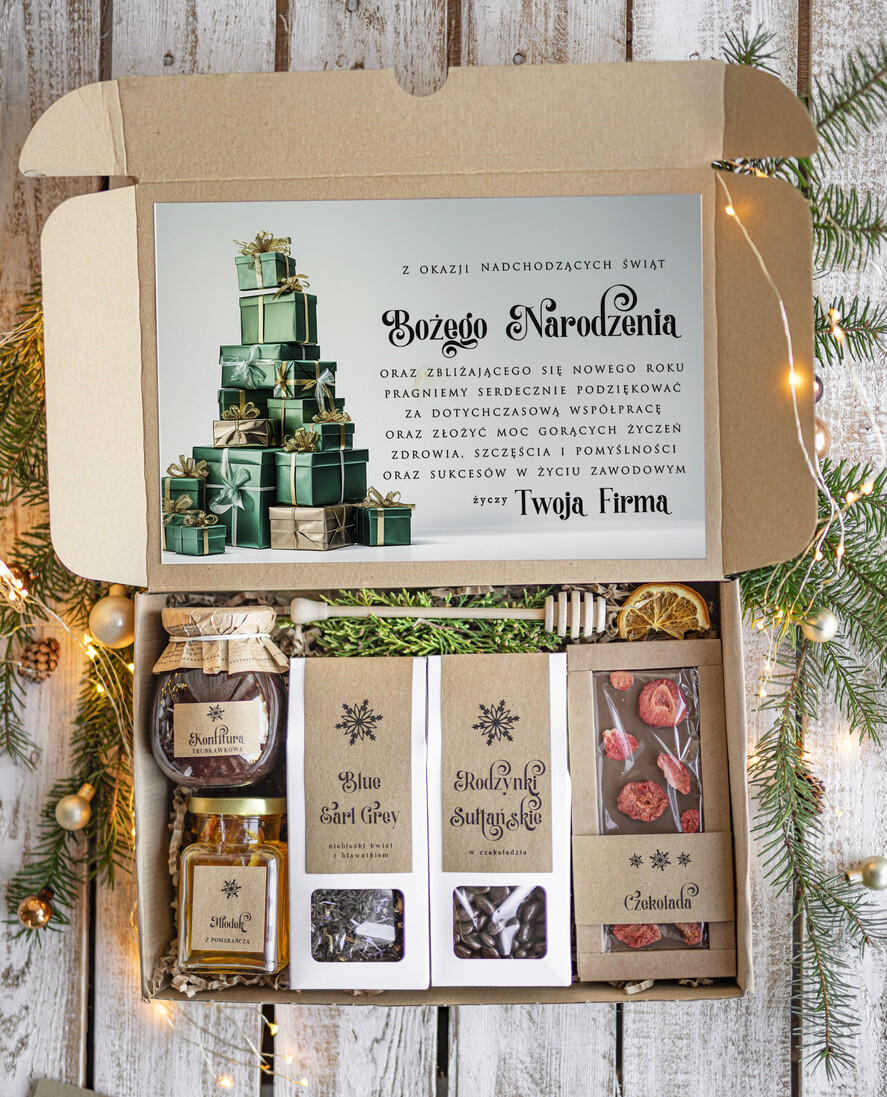 Prezenty oferta dla Firm kawa  herbata miód Prezenty na Boże Narodzenie dla klientów, bożonarodzeniowy prezent biznesowy dla firm herbata i miód, paczki na święta dla pracowników, upominek biznesowy box swiąteczny zestaw z logo 0