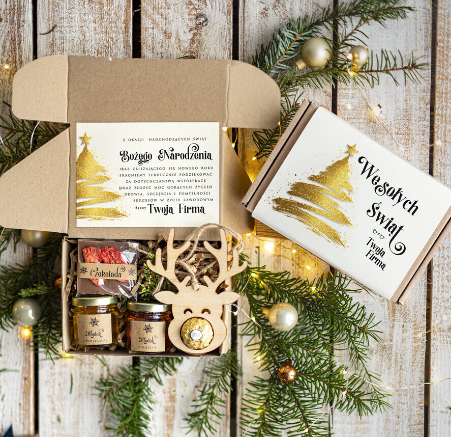 Prezenty oferta dla Firm kawa  herbata miód Drobne Prezenty na Boże Narodzenie dla klientów, bożonarodzeniowy prezent biznesowy dla firm herbata i miód, paczki na święta dla pracowników, upominek biznesowy box swiąteczny zestaw z logo 0