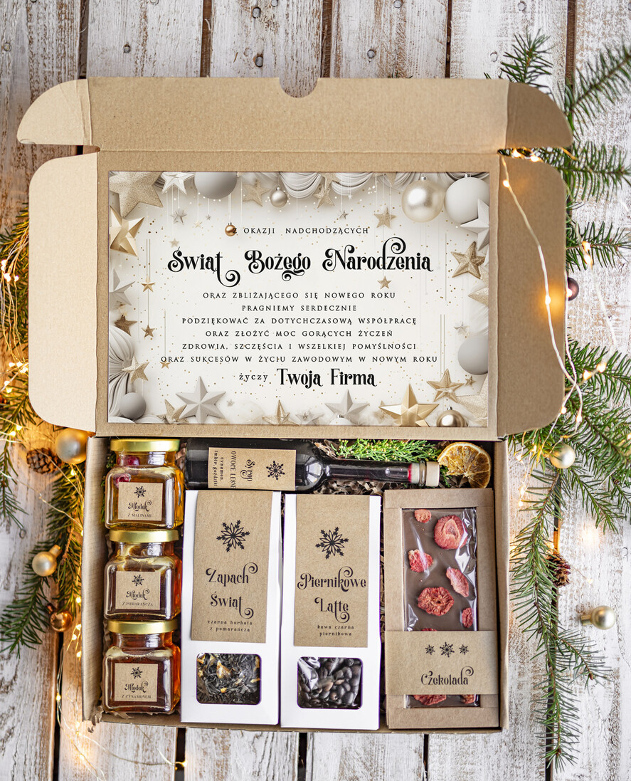 Prezenty oferta dla Firm kawa  herbata miód Prezenty na Boże Narodzenie dla klientów, bożonarodzeniowy prezent biznesowy dla firm z kawą i herbatą, paczki na święta dla pracowników, upominek biznesowy box swiąteczny zestaw z logo 0