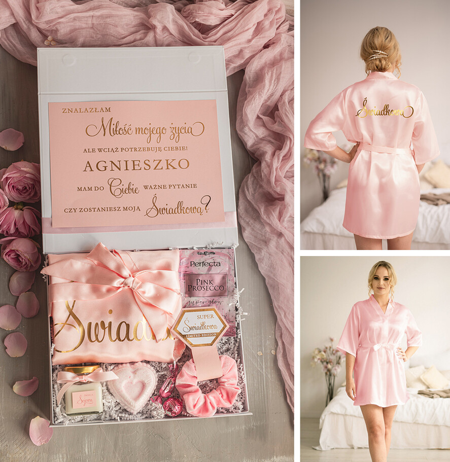 Prezenty dla świadków boxy prezentowy dla Świadkowej, prośba o świadkowanie  Praktyczny i przydatny Box prezentowy dla świadkowej z kosmetykami i szlafrokiem, prezent dla druhny, prośba o świadkowanie pudelko prezentowe dla świadkowej 0