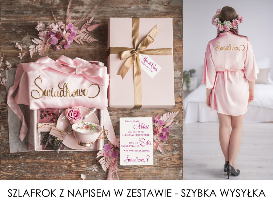 Prezenty dla świadków boxy prezentowy dla Świadkowej, prośba o świadkowanie  Szlafrok dla Świadkowej ze złotym Napisem - Prośba o Świadkowanie Boho Filiżanka i czekoladka0