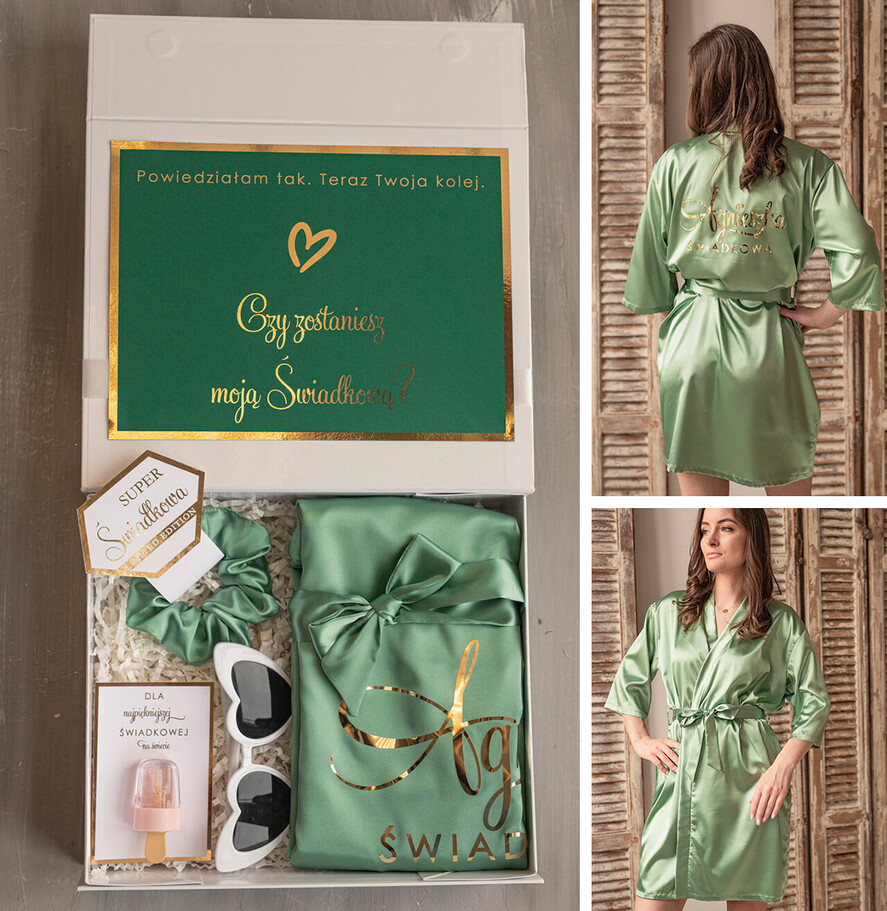 Prezenty dla świadków boxy prezentowy dla Świadkowej, prośba o świadkowanie  prezent dla świadkowej, pomysł na prezent dla świadkowej, Box prezentowy dla świadkowej z miętowym szlafrokiem, zestaw prezentowy dla druhny0