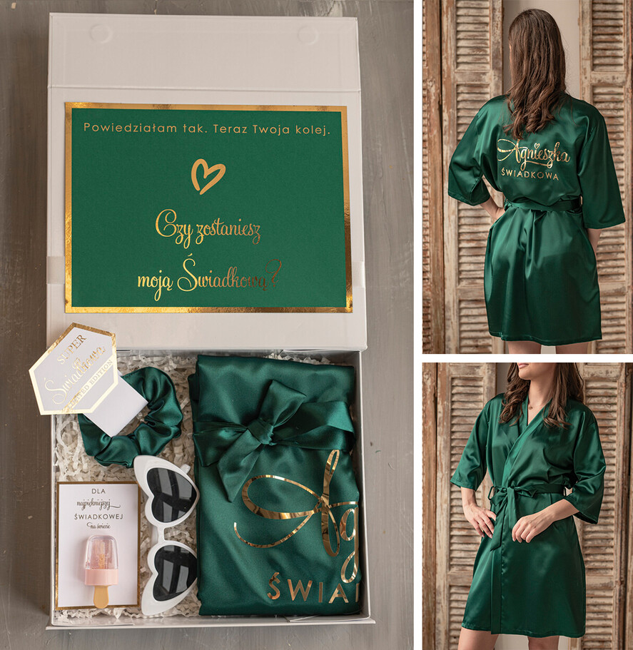 Prezenty dla świadków boxy prezentowy dla Świadkowej, prośba o świadkowanie  prezent dla świadkowej, pomysł na prezent dla świadkowej, Box prezentowy dla świadkowej z zielonym szlafrokiem, zestaw prezentowy dla druhny0