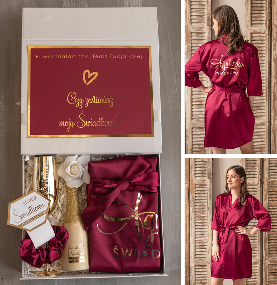 Prezenty dla świadków boxy prezentowy dla Świadkowej, prośba o świadkowanie  czy zostaniesz moją świadkową pomysł na prezent dla świadkowej, Box prezentowy dla świadkowej z bordowym szlafrokiem, zestaw prezentowy dla druhny0