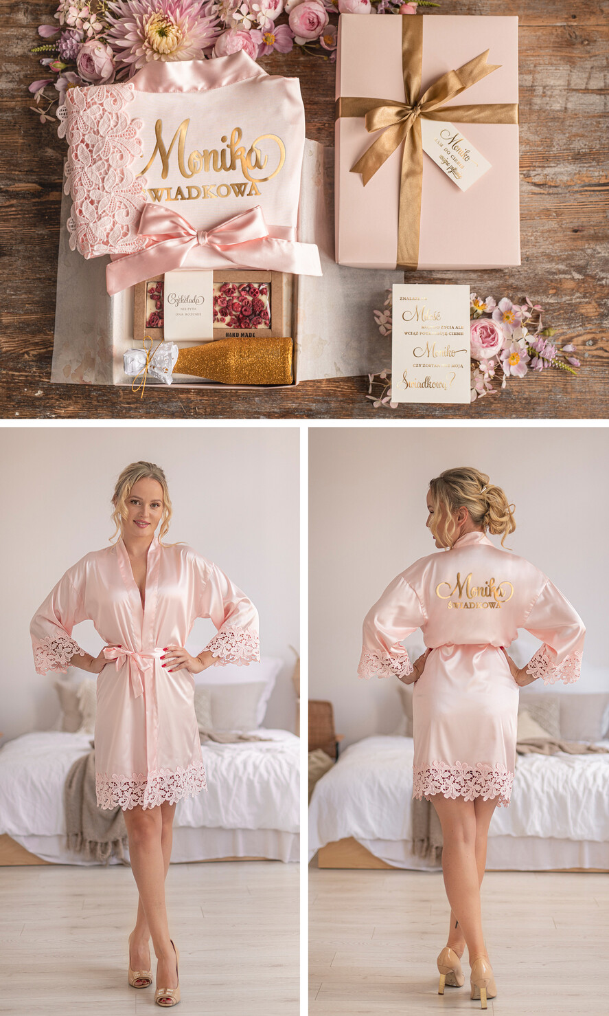 Prezenty dla świadków boxy prezentowy dla Świadkowej, prośba o świadkowanie  pomysł na prośbę o świadkowanie zestaw prezentowy z satynowym szlafrokiem 3
