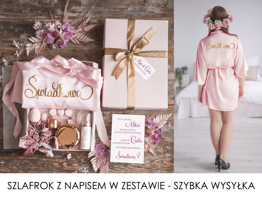 Prezenty dla świadków boxy prezentowy dla Świadkowej, prośba o świadkowanie  Szlafrok dla Świadkowej ze złotym Napisem - Prośba o Świadkowanie Roller i Damska Piersiówka0