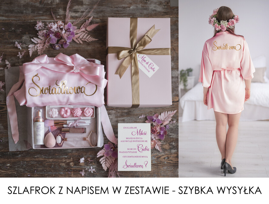 Prezenty dla świadków boxy prezentowy dla Świadkowej, prośba o świadkowanie  Szlafrok dla Świadkowej ze złotym Napisem - Prośba o Świadkowanie Box prezentowy 0