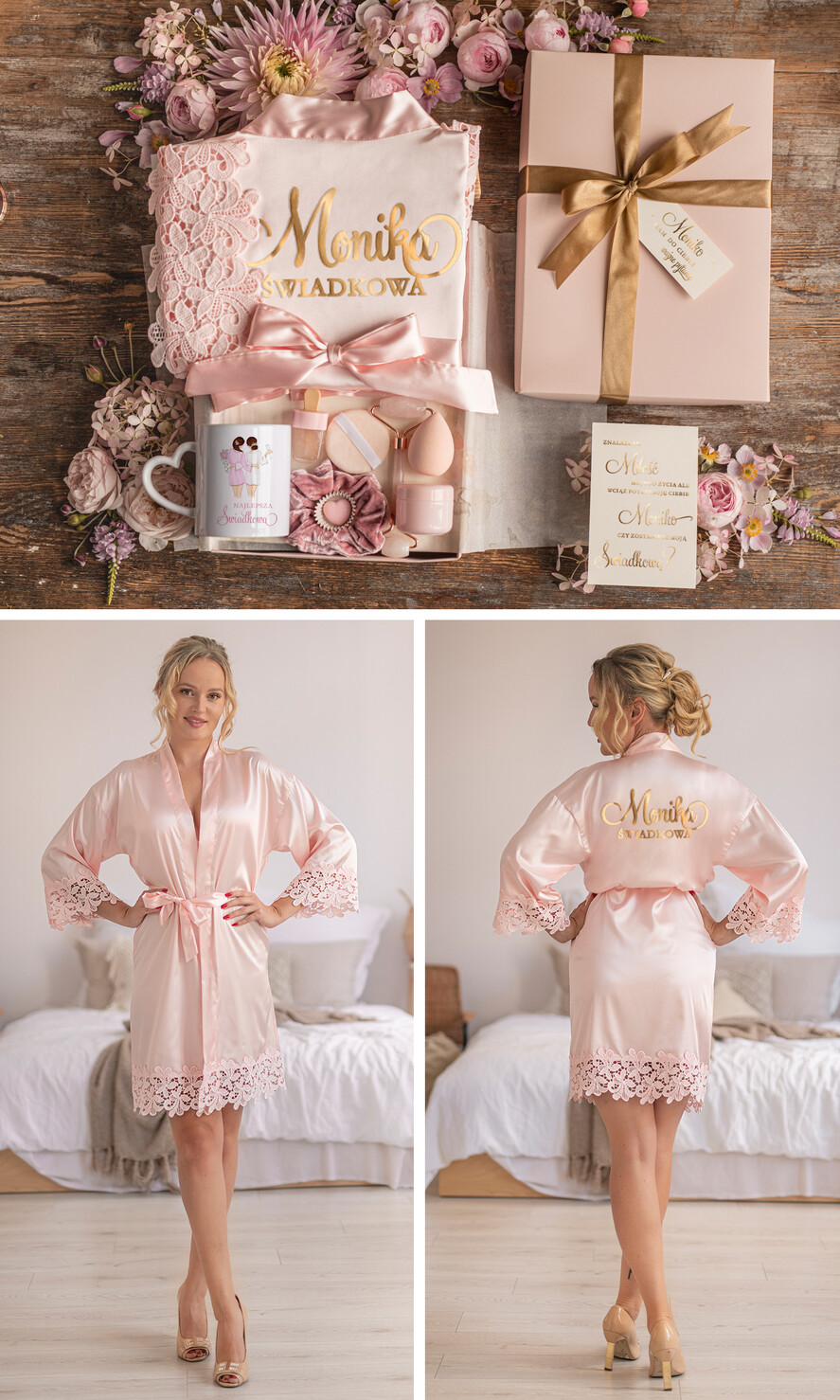 Prezenty dla świadków boxy prezentowy dla Świadkowej, prośba o świadkowanie  różowy satynowy szlafrok z koronką pomysł na prośbę o świadkowanie4