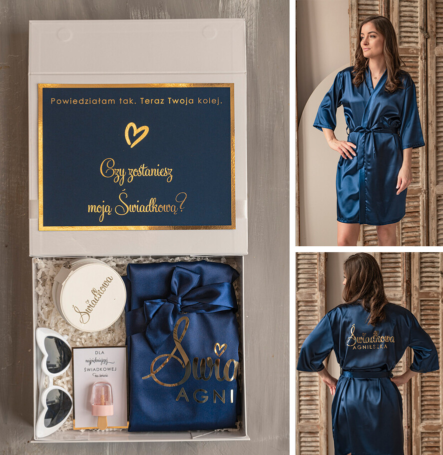 Prezenty dla świadków boxy prezentowy dla Świadkowej, prośba o świadkowanie  prezent dla druhny, pomysł na prezent dla świadkowej, Box prezentowy dla świadkowej z granatowym szlafrokiem, zestaw prezentowy dla druhny0