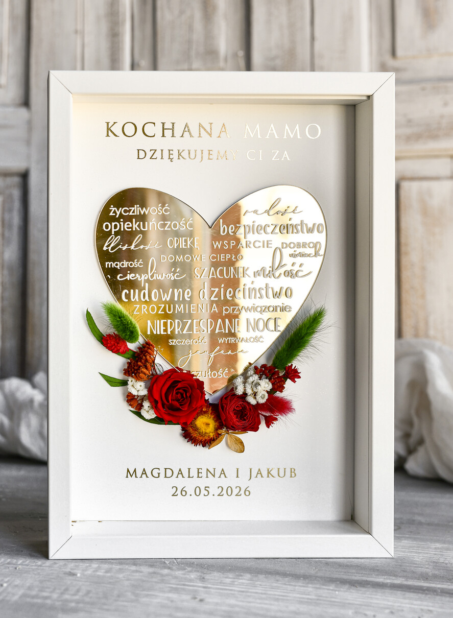 Prezenty dla Mamy ramki, puzzle, ramki na zdjęcia  prezent od serca ramka z okazji dnia mamy, podziękowanie złote serce i kwiaty w ramce - prezent na dzien matki dedykacja 7