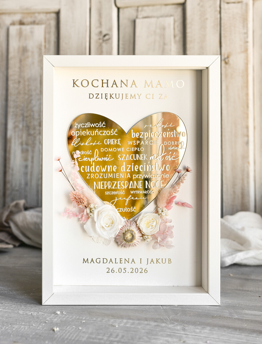 Prezenty dla Mamy ramki, puzzle, ramki na zdjęcia   Flowerbox w ramie prezent na dzien matki dedykacja -prezent od serca ramka z okazji dnia mamy-  podziękowanie złote serce i kwiaty w ramce 0