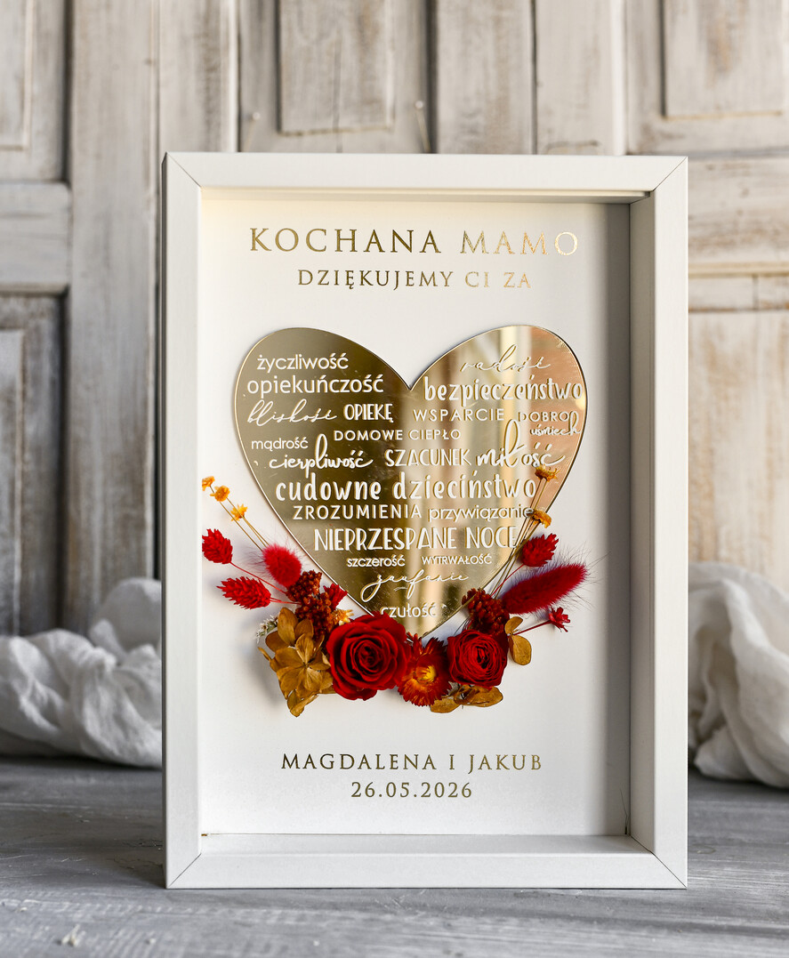 Prezenty dla Mamy ramki, puzzle, ramki na zdjęcia  Ramka z kwiatkami prezent od serca ramka z okazji dnia mamy, podziękowanie złote serce i kwiaty w ramce - prezent na dzien matki dedykacja 4