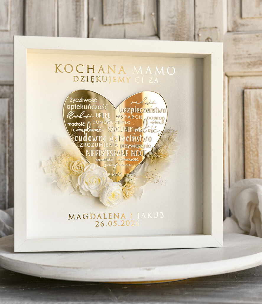 Prezenty dla Mamy ramki, puzzle, ramki na zdjęcia   Flowerbox w ramie prezent na dzien matki dedykacja -prezent od serca ramka z okazji dnia mamy-  podziękowanie złote serce i kwiaty w ramce 3