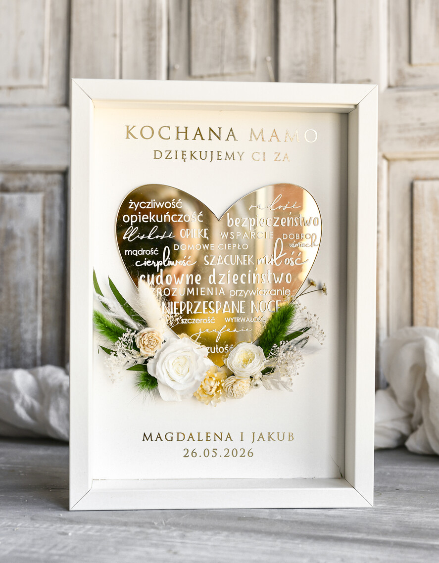 Prezenty dla Mamy ramki, puzzle, ramki na zdjęcia   podziękowanie złote serce i kwiaty w ramce - prezent na dzien matki dedykacja -prezent od serca ramka z okazji dnia mamy2