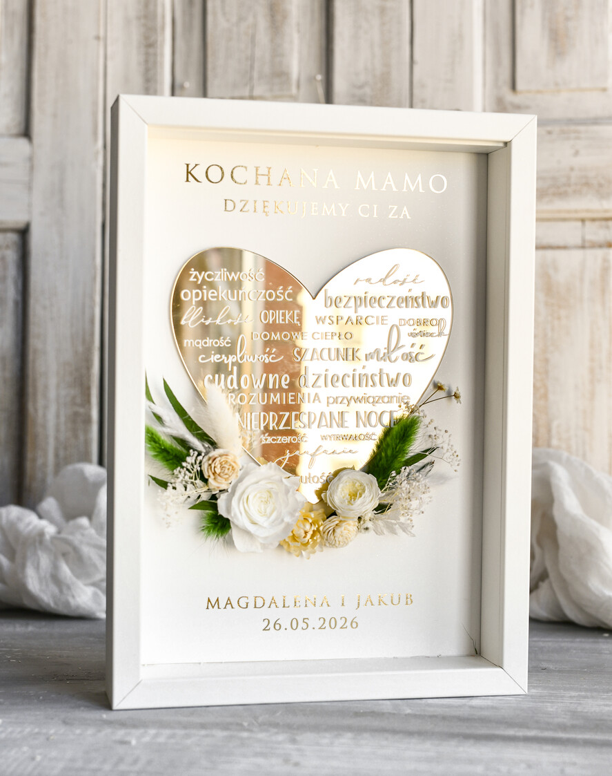 Prezenty dla Mamy ramki, puzzle, ramki na zdjęcia   podziękowanie złote serce i kwiaty w ramce - prezent na dzien matki dedykacja -prezent od serca ramka z okazji dnia mamy3