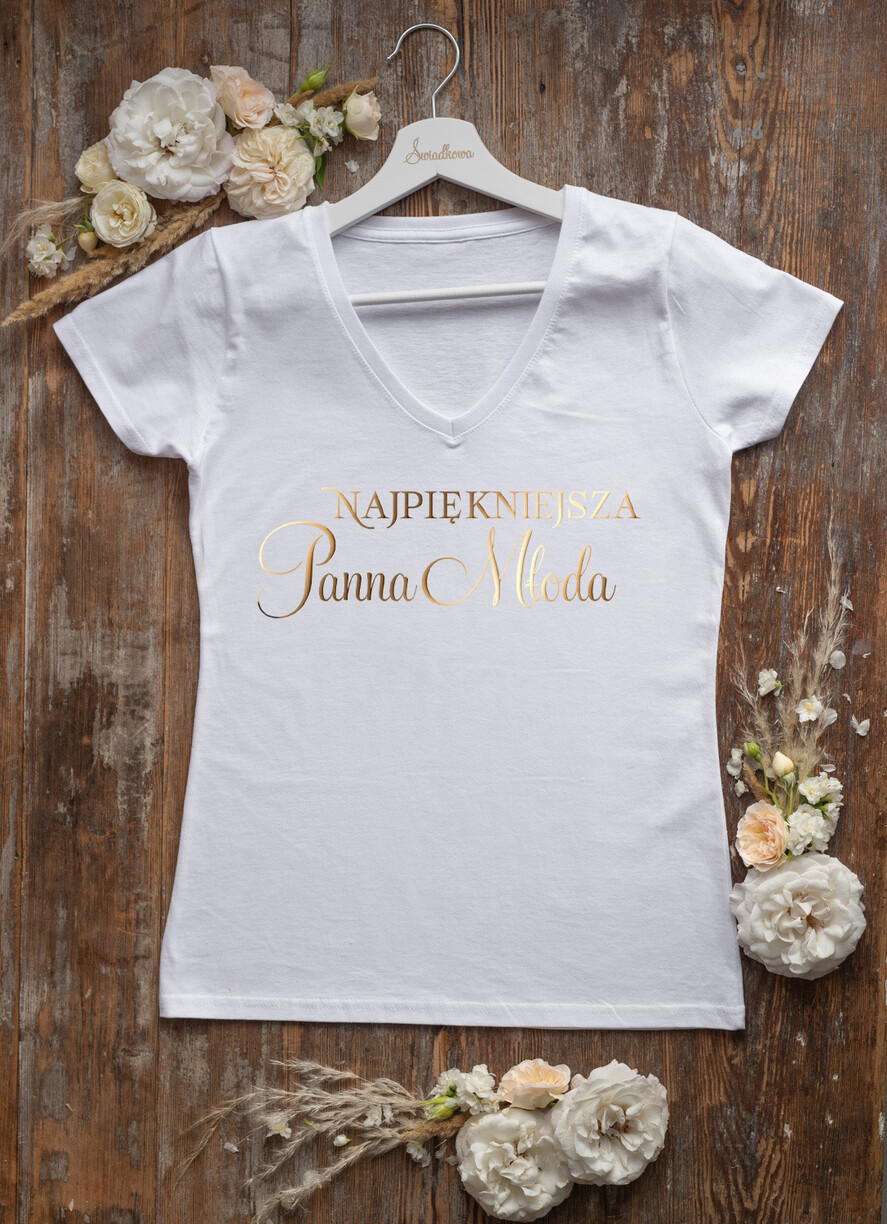 Prezenty dla Panny Młodej  Zestawy na wieczór Panieński z Koszulką Unikalny Prezent dla Panny Młodej Koszulka Damska z Napisami T-Shirt ze Złotym Napisem i Podwiązka  7