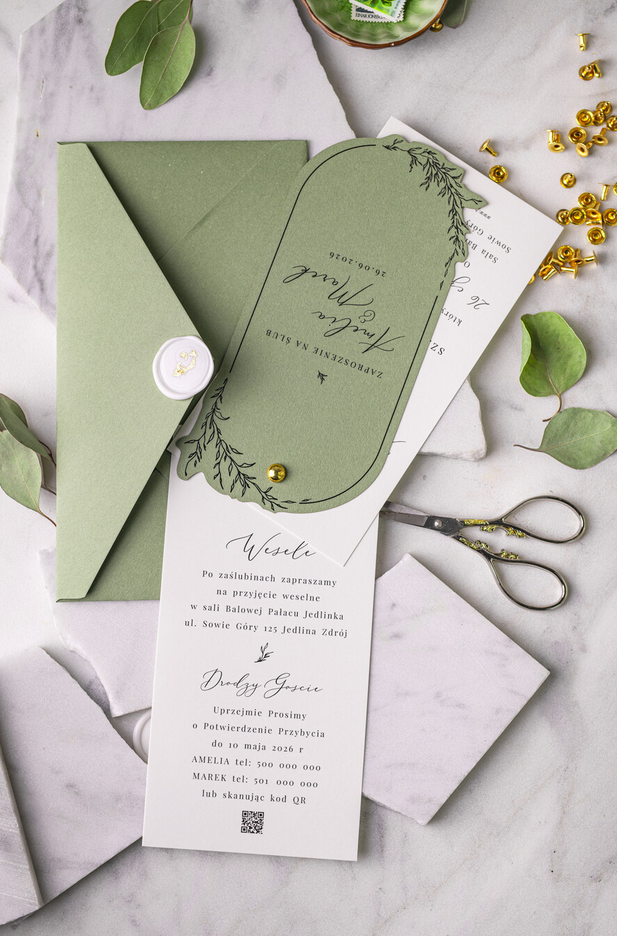 Zaproszenia ślubne Proste i Nowoczesne  szałwiowe owalne zaproszenia ślubne, minimalistyczne zaproszenia na ślub i wesele, szałwia podłużne zproszenie2