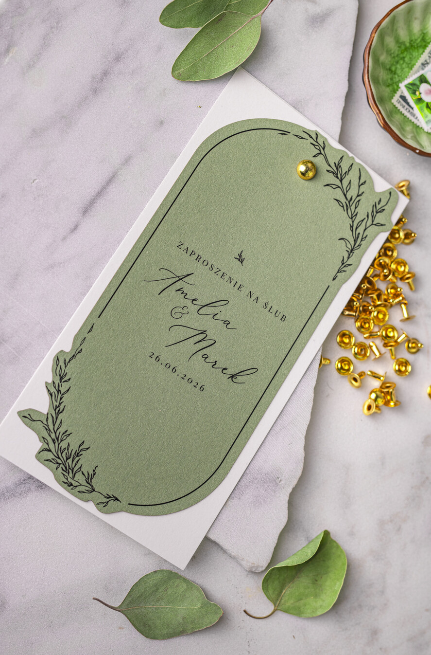 Zaproszenia ślubne Proste i Nowoczesne  szałwiowe owalne zaproszenia ślubne, minimalistyczne zaproszenia na ślub i wesele, szałwia podłużne zproszenie5