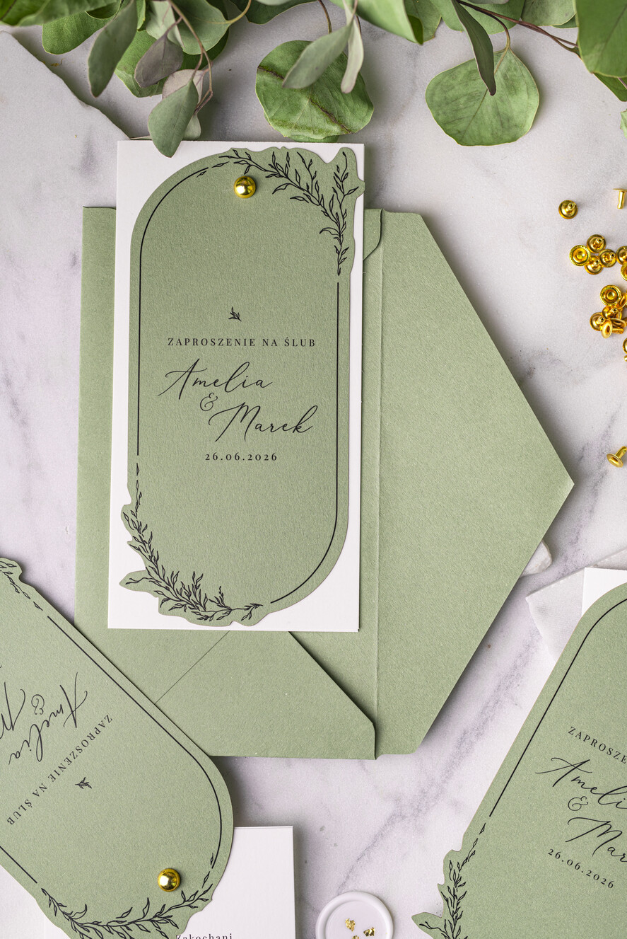 Zaproszenia ślubne Proste i Nowoczesne  szałwiowe owalne zaproszenia ślubne, minimalistyczne zaproszenia na ślub i wesele, szałwia podłużne zproszenie1