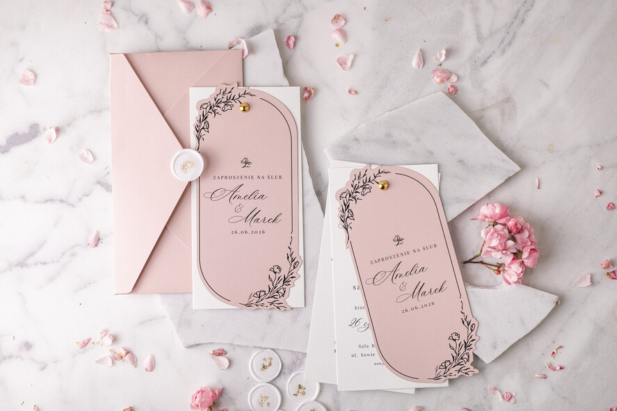 Zaproszenia ślubne Proste i Nowoczesne  owalne zaproszenia ślubne, minimalistyczne zaproszenia na ślub i wesele, monochromatyczne podłużne zproszenie2