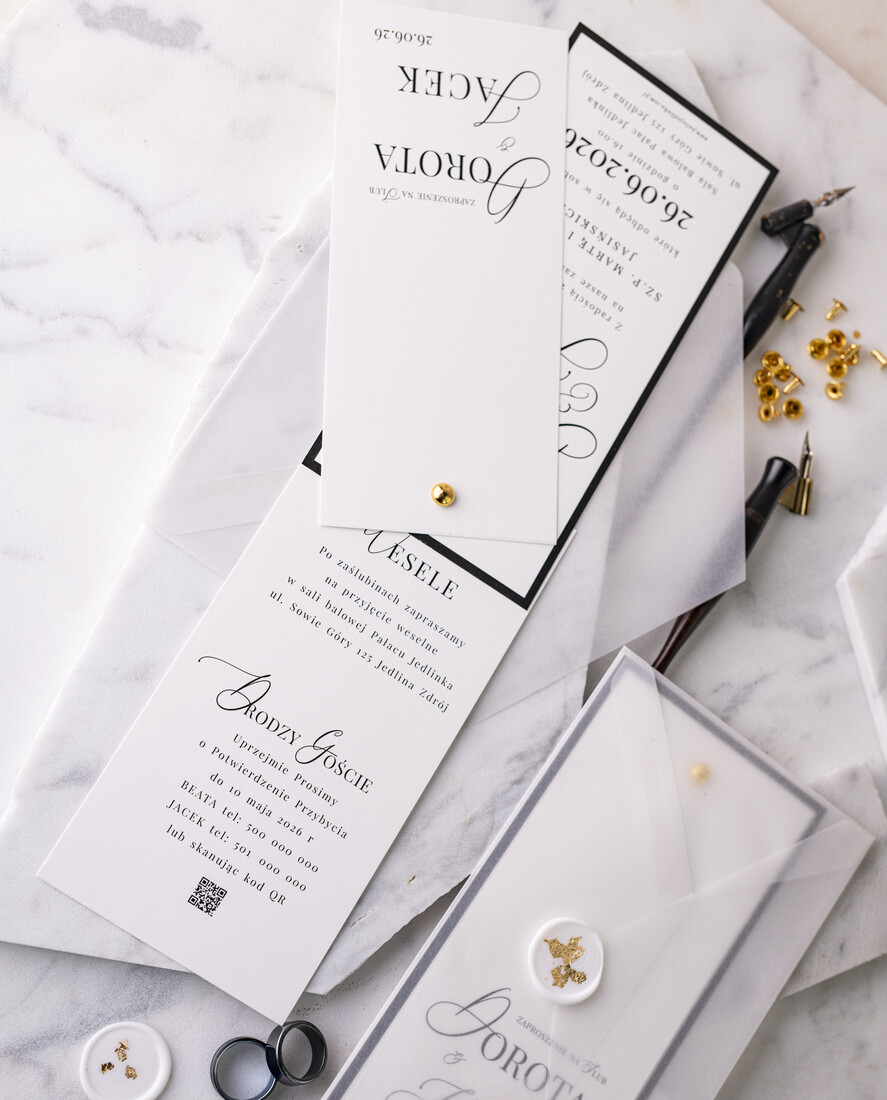 Zaproszenia ślubne Proste i Nowoczesne  czarno białe zaproszenia ślubne, minimalistyczne zaproszenia na ślub i wesele, monochromatyczne podłużne zproszenie10