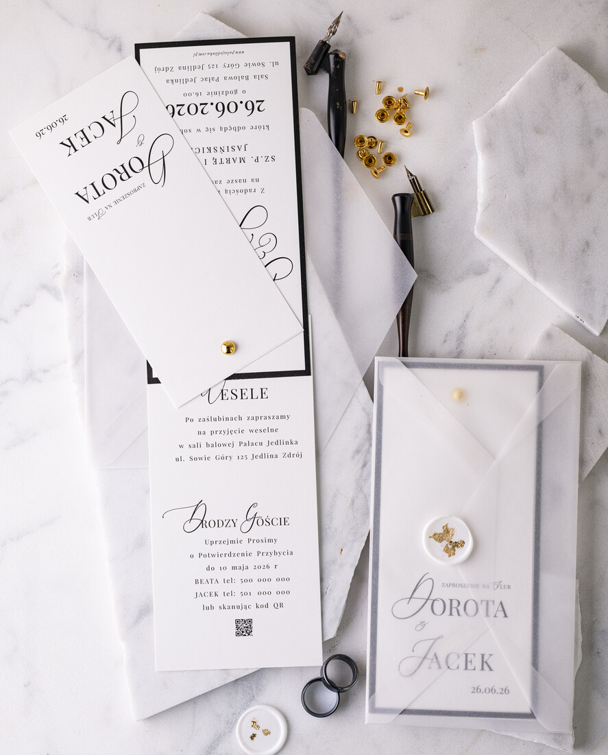 Zaproszenia ślubne Proste i Nowoczesne  czarno białe zaproszenia ślubne, minimalistyczne zaproszenia na ślub i wesele, monochromatyczne podłużne zproszenie9