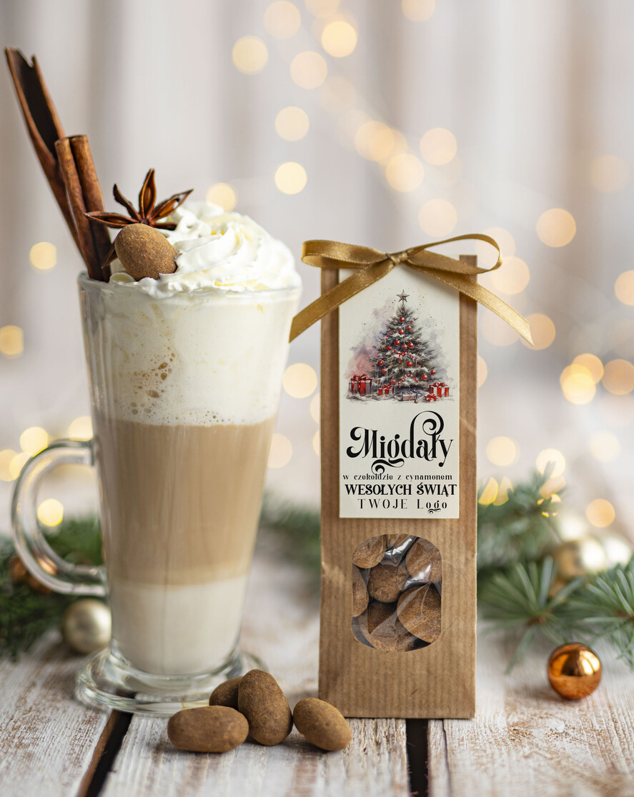 Prezenty oferta dla Firm CHRUPKIE DODATKI Migdały w belgijskiej mlecznej czekoladzie z cynamonem drobne prezenty biznesowe dla firm, drobne słodycze upominki na święta dla pracowników, prezent bożonarodzeniowy dla pracowników i kontrahentów, drobne prezenty firmowe0