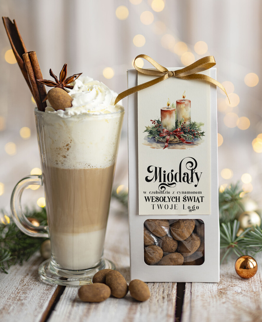 Prezenty oferta dla Firm CHRUPKIE DODATKI Migdały w belgijskiej mlecznej czekoladzie z cynamonem drobne prezenty biznesowe dla firm, drobne słodycze upominki na święta dla pracowników, prezent bożonarodzeniowy dla pracowników i kontrahentów, drobne prezenty firmowe0