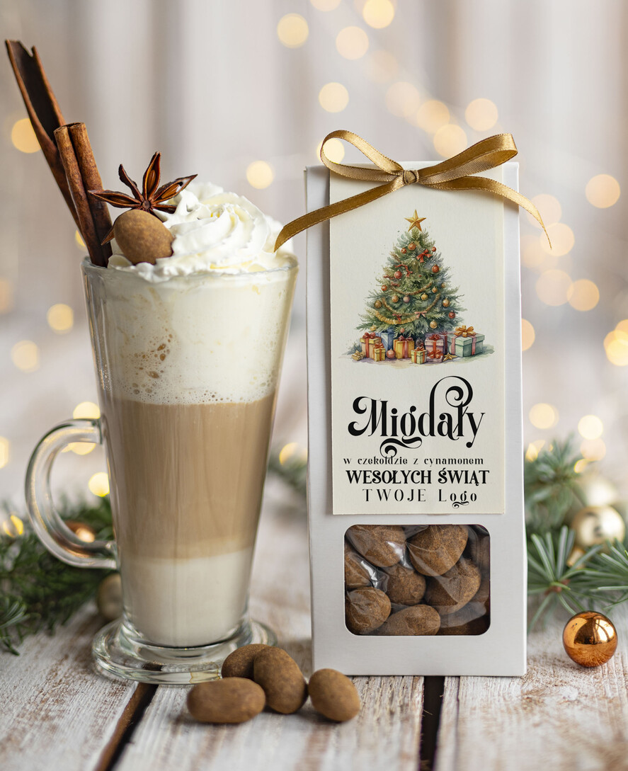 Prezenty oferta dla Firm CHRUPKIE DODATKI Migdały w belgijskiej mlecznej czekoladzie z cynamonem drobne prezenty biznesowe dla firm, drobne słodycze upominki na święta dla pracowników, prezent bożonarodzeniowy dla pracowników i kontrahentów, drobne prezenty firmowe0