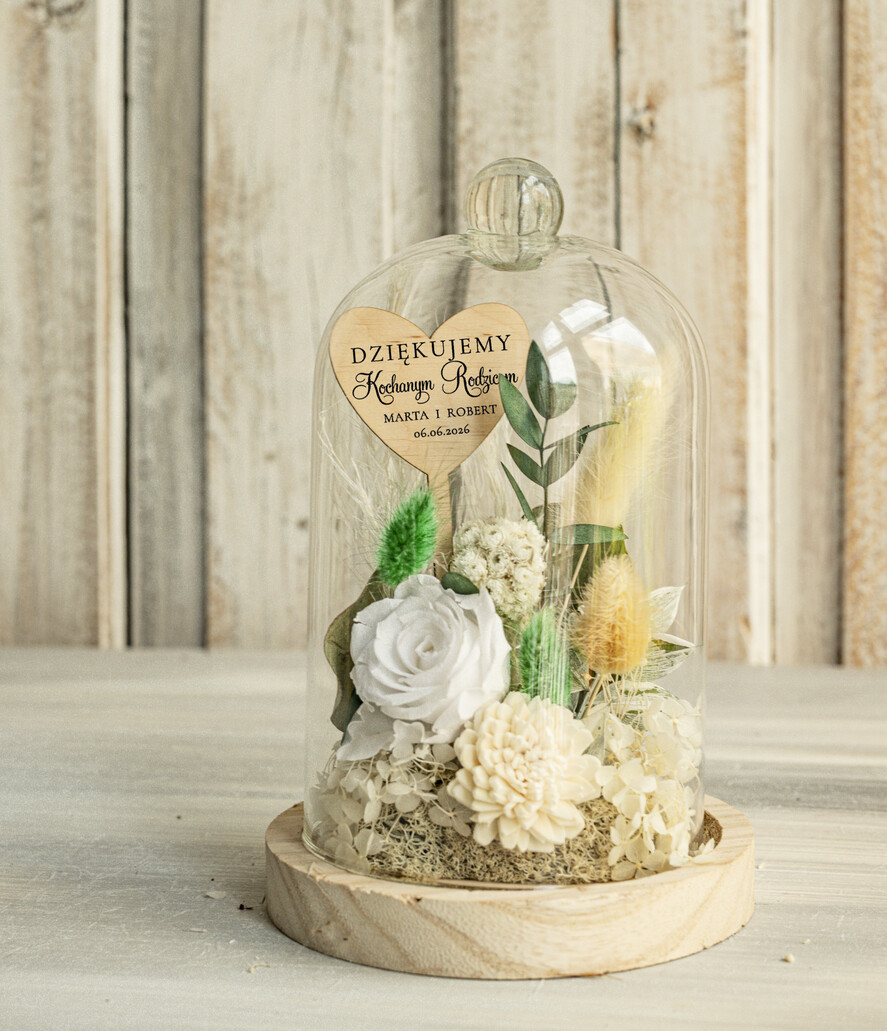 Prezenty, Podziękowania dla Rodziców Kompozycje Kwiatowe / Flowerboxy Personalizowane podziękowania dla Rodziców flowerbox z suszonych kwiatów, Wieczna róża Podziękowanie od Młodej pary w szklanej kopule, pomysł na prezent Rodzicom lub Mamie 0