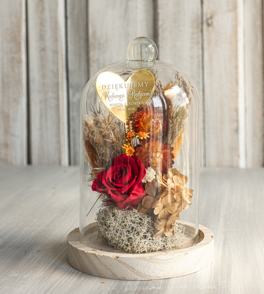 Prezenty, Podziękowania dla Rodziców Kompozycje Kwiatowe / Flowerboxy Personalizowane podziękowania dla Rodziców flowerbox z suszonych kwiatów, Wieczna róża Podziękowanie od Młodej Pary kwiaty w szklanej kopule, pomysł na prezent dla Rodziców lub Mamiy6