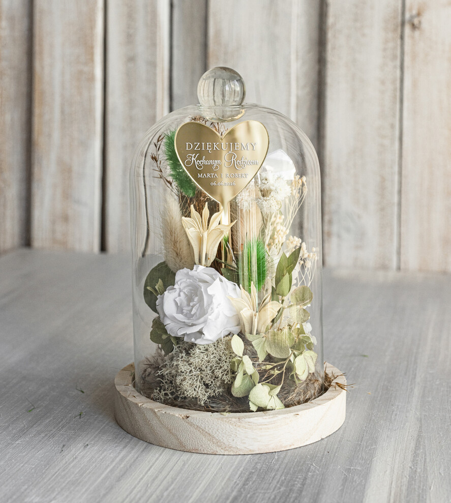 Prezenty, Podziękowania dla Rodziców Kompozycje Kwiatowe / Flowerboxy Personalizowane podziękowania dla Rodziców flowerbox z suszonych kwiatów, Wieczna róża Podziękowanie od Młodej Pary kwiaty w szklanej kopule, pomysł na prezent dla Rodziców lub Mamy5