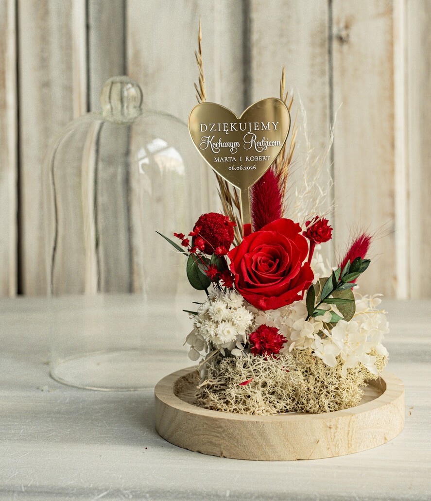Prezenty, Podziękowania dla Rodziców Kompozycje Kwiatowe / Flowerboxy Personalizowane podziękowania dla Rodziców flowerbox z suszonych kwiatów, Wieczna róża Podziękowanie od Młodej pary w szklanej kopule, pomysł na prezent Rodzicom lub Mamie 4