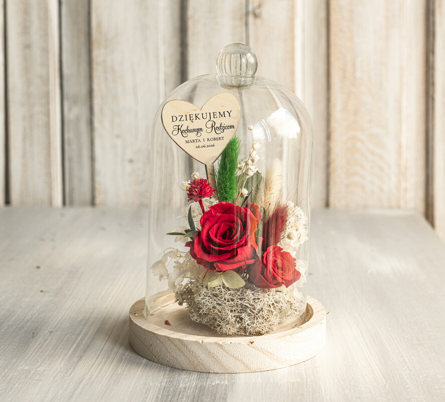 Prezenty, Podziękowania dla Rodziców Kompozycje Kwiatowe / Flowerboxy Podziękowania dla Rodziców flowerbox z suszonych kwiatów, Wieczna róża Podziękowanie od Młodej Pary kwiaty w szklanej kopule, pomysł na prezent dla Rodziców lub Mamy3