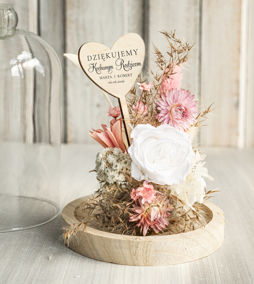 Prezenty, Podziękowania dla Rodziców Kompozycje Kwiatowe / Flowerboxy Podziękowania dla Rodziców flowerbox z suszonych kwiatów, Wieczna róża Podziękowanie od Młodej Pary kwiaty w szklanej kopule, pomysł na prezent dla Rodziców lub Mamy2