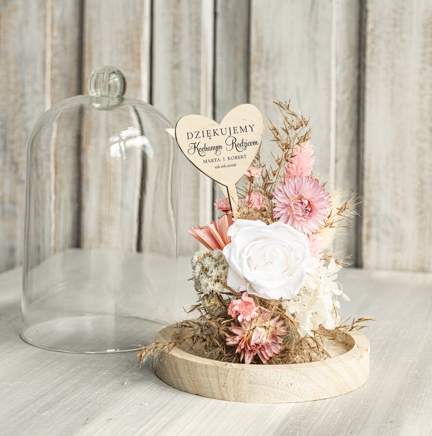Prezenty, Podziękowania dla Rodziców Kompozycje Kwiatowe / Flowerboxy Podziękowania dla Rodziców flowerbox z suszonych kwiatów, Wieczna róża Podziękowanie od Młodej Pary kwiaty w szklanej kopule, pomysł na prezent dla Rodziców lub Mamy4